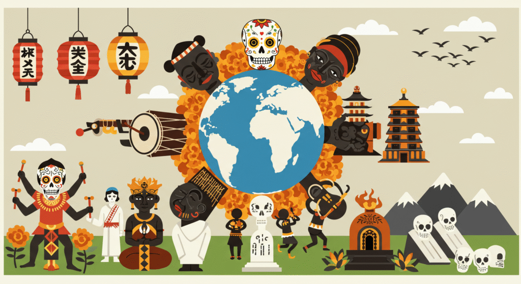 Britpop 1990s style vector art poster symbolizing the universality of death and mourning across cultures. A globe at the center surrounded by diverse cultural symbols of death rituals: Japanese lanterns, Mexican sugar skulls and marigolds, Ghanaian drums and dancers, Balinese cremation tower, Tibetan mountains with circling vultures. The imagery should feel unified and celebratory rather than somber, highlighting death as a shared human experience. Bold flat colors, sharp outlines, geometric stylization, high-contrast palette, minimal shading — designed in the energetic yet reflective style of 1990s Britpop album art (Blur, Oasis, Pulp). Iconic, eye-catching, and poster-like.