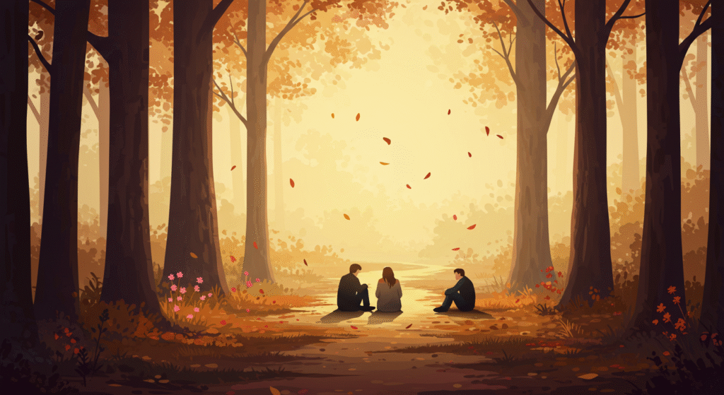 Britpop 1990s style vector art poster about"A serene, reflective scene symbolizing both death and mental health: a peaceful natural setting with soft, warm light filtering through tall trees, a winding path symbolizing life's journey, and gentle figures sitting together in conversation. Include subtle symbolic elements like a fading autumn leaf (representing mortality) and blooming flowers (representing growth and healing). The mood is calm, compassionate, and supportive, evoking openness, understanding, and emotional connection." — in the style of Blur or Oasis album artwork. The mood should be warm, hopeful, and dignified, balancing Britpop energy with sensitivity.
