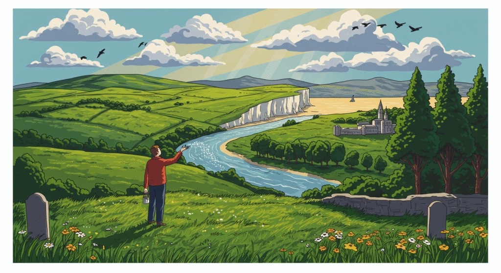 "A Britpop-style illustration symbolizing beautiful places to scatter ashes across the United Kingdom. Show a sweeping British landscape merging iconic scenes — rolling green hills, a flowing river, a peaceful seaside cliff, and a city park with tall trees. Figures in casual 90s Britpop fashion (parkas, denim jackets, Doc Martens) are shown gently scattering ashes into the wind, with sunlight breaking through clouds above. Birds in flight and wildflowers in the foreground add a sense of freedom and peace. Use bold outlines, slightly muted but vibrant retro colours, and a nostalgic 1990s British album cover style, conveying remembrance, love, and the beauty of final resting places across the UK."