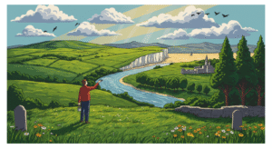 "A Britpop-style illustration symbolizing beautiful places to scatter ashes across the United Kingdom. Show a sweeping British landscape merging iconic scenes — rolling green hills, a flowing river, a peaceful seaside cliff, and a city park with tall trees. Figures in casual 90s Britpop fashion (parkas, denim jackets, Doc Martens) are shown gently scattering ashes into the wind, with sunlight breaking through clouds above. Birds in flight and wildflowers in the foreground add a sense of freedom and peace. Use bold outlines, slightly muted but vibrant retro colours, and a nostalgic 1990s British album cover style, conveying remembrance, love, and the beauty of final resting places across the UK."