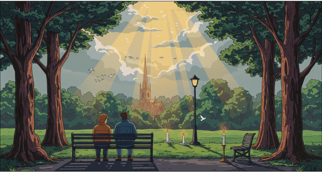 "A Britpop-style illustration symbolizing comfort in spirituality and faith during loss. Show a peaceful British setting — a sunlit park with tall trees, a church spire in the distance, and rays of light breaking through clouds. Figures in relaxed 90s Britpop clothing (parkas, denim jackets, Doc Martens) sit quietly on a bench or stand together, reflecting with calm expressions. Symbolic touches like birds in flight, candles, or beams of sunlight create a sense of hope and transcendence. Use bold outlines, warm muted retro colours, and a nostalgic 1990s British album cover style, blending everyday British life with subtle spiritual imagery to evoke peace, healing, and inner strength."