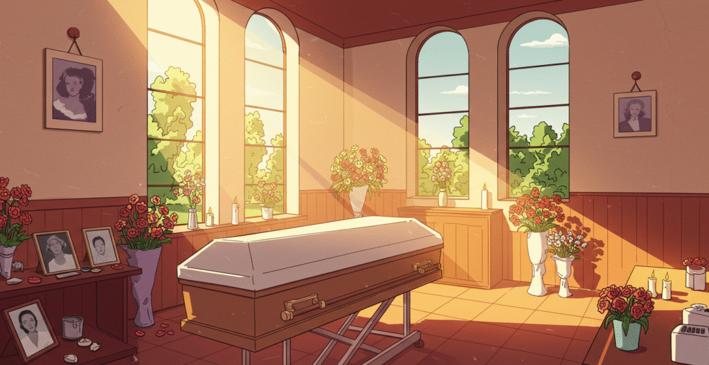 "A Britpop-style, uplifting illustration symbolizing the preparation of a body for cremation — focusing on peace, memory, and celebration of life rather than graphic detail. Show a bright, serene chapel or preparation room with warm sunlight streaming through tall windows, casting gentle light across a simple, covered coffin. Include flowers, candles, and personal mementos arranged thoughtfully around the space. Figures in relaxed 90s Britpop fashion (denim jackets, parkas, Fred Perry polos, Doc Martens) stand calmly or share quiet smiles, conveying support and remembrance. Use bold outlines, slightly muted but warm and vibrant retro colours, and a playful, nostalgic 1990s British album cover style, evoking reflection, love, and the uplifting memory of a life well-lived."