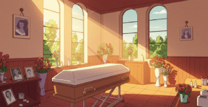"A Britpop-style, uplifting illustration symbolizing the preparation of a body for cremation — focusing on peace, memory, and celebration of life rather than graphic detail. Show a bright, serene chapel or preparation room with warm sunlight streaming through tall windows, casting gentle light across a simple, covered coffin. Include flowers, candles, and personal mementos arranged thoughtfully around the space. Figures in relaxed 90s Britpop fashion (denim jackets, parkas, Fred Perry polos, Doc Martens) stand calmly or share quiet smiles, conveying support and remembrance. Use bold outlines, slightly muted but warm and vibrant retro colours, and a playful, nostalgic 1990s British album cover style, evoking reflection, love, and the uplifting memory of a life well-lived."