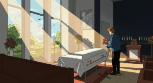"A Britpop-style illustration for an informative yet approachable feature on cremation. Depict a calm, bright funeral chapel or crematorium interior with sunlight streaming through tall windows, highlighting a simple, covered coffin and subtle symbolic items like flowers, candles, or a framed photo. Include a figure or two in casual 90s Britpop-era clothing (denim jackets, Fred Perry polos, Doc Martens) observing thoughtfully or gently arranging flowers, conveying care and respect. Use bold outlines, slightly muted but warm retro colours, and a nostalgic 1990s British album cover style, combining clarity, calmness, and a sense of approachable storytelling. Include small symbolic touches like rays of light, birds outside the window, or soft shadows to evoke dignity, peace, and reassurance while keeping the mood informative and uplifting."