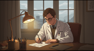 "A Britpop-style illustration of a doctor with white lab coat sitting at a desk, signing a paper with a somber, reflective expression. The desk is scattered with pens, an open notebook, and a muted lamp casting warm light, creating a quiet, intimate atmosphere. In the background, tall windows show an overcast English sky, and soft shadows fall across the room. Characters wear slightly retro, everyday 90s British fashion (wool sweaters, button-up shirts, casual jackets), adding understated indie style. Use bold outlines, slightly muted but vibrant retro colours, and a playful, nostalgic 1990s British album cover style, capturing the weight of the moment and quiet introspection."