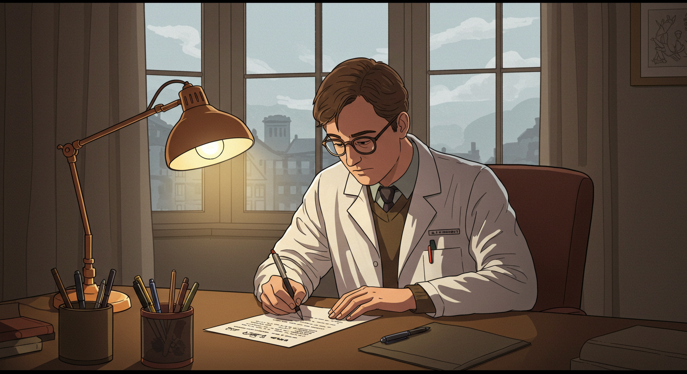 "A Britpop-style illustration of a doctor with white lab coat sitting at a desk, signing a paper with a somber, reflective expression. The desk is scattered with pens, an open notebook, and a muted lamp casting warm light, creating a quiet, intimate atmosphere. In the background, tall windows show an overcast English sky, and soft shadows fall across the room. Characters wear slightly retro, everyday 90s British fashion (wool sweaters, button-up shirts, casual jackets), adding understated indie style. Use bold outlines, slightly muted but vibrant retro colours, and a playful, nostalgic 1990s British album cover style, capturing the weight of the moment and quiet introspection."