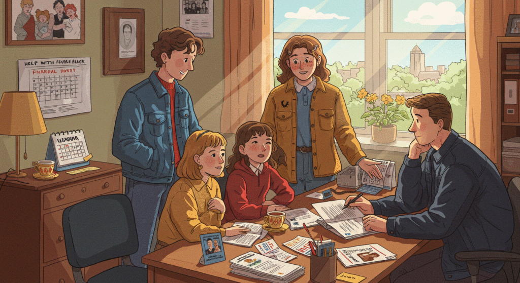 "A Britpop-style illustration symbolizing help with funeral costs in the UK. Depict a cozy, sunlit office or advice center with friendly staff assisting a family or individual, paperwork and brochures on a desk, and subtle references to financial support. Figures wear relaxed 90s Britpop-era clothing (denim jackets, Fred Perry polos, Doc Martens), showing approachable, empathetic interactions. Include symbolic items like a cup of tea, a calendar, and gentle rays of sunlight through windows, representing clarity and guidance. Use bold outlines, slightly muted but warm retro colours, and a nostalgic 1990s British album cover style, evoking reassurance, support, and hope in navigating funeral expenses."